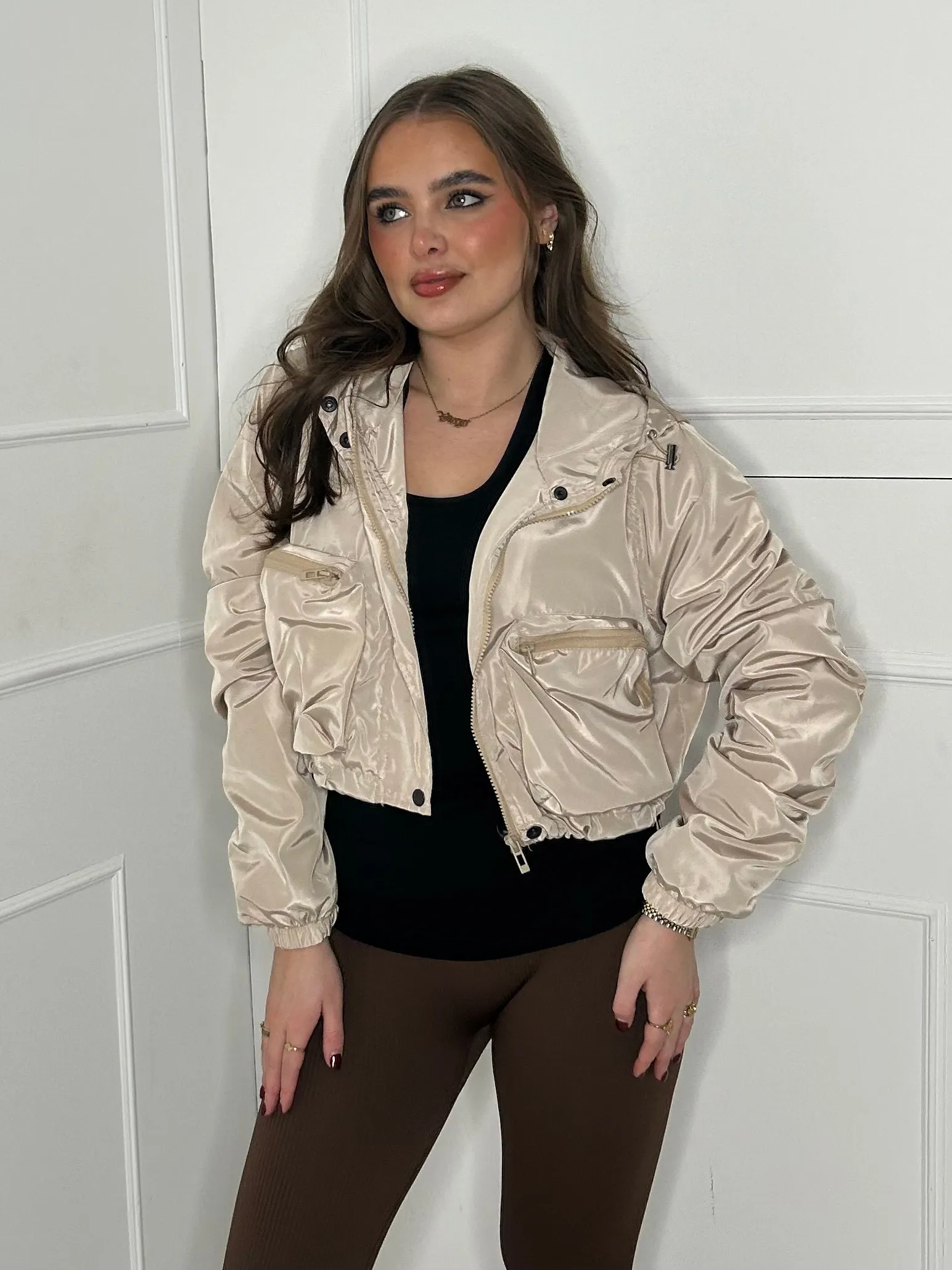 Ruched Sleeve Double Pocket Detail Windbreaker Jacket - Beige