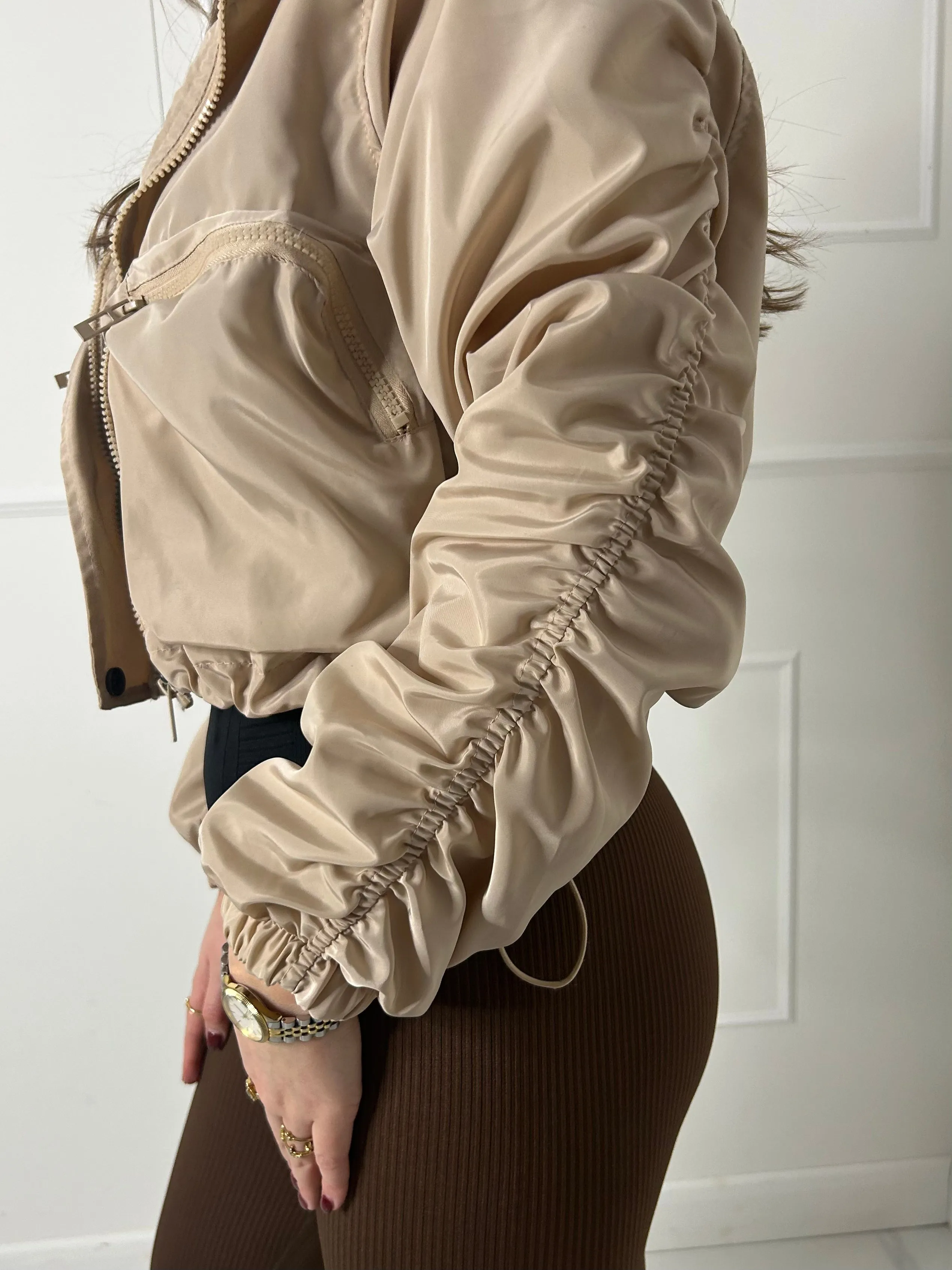 Ruched Sleeve Double Pocket Detail Windbreaker Jacket - Beige