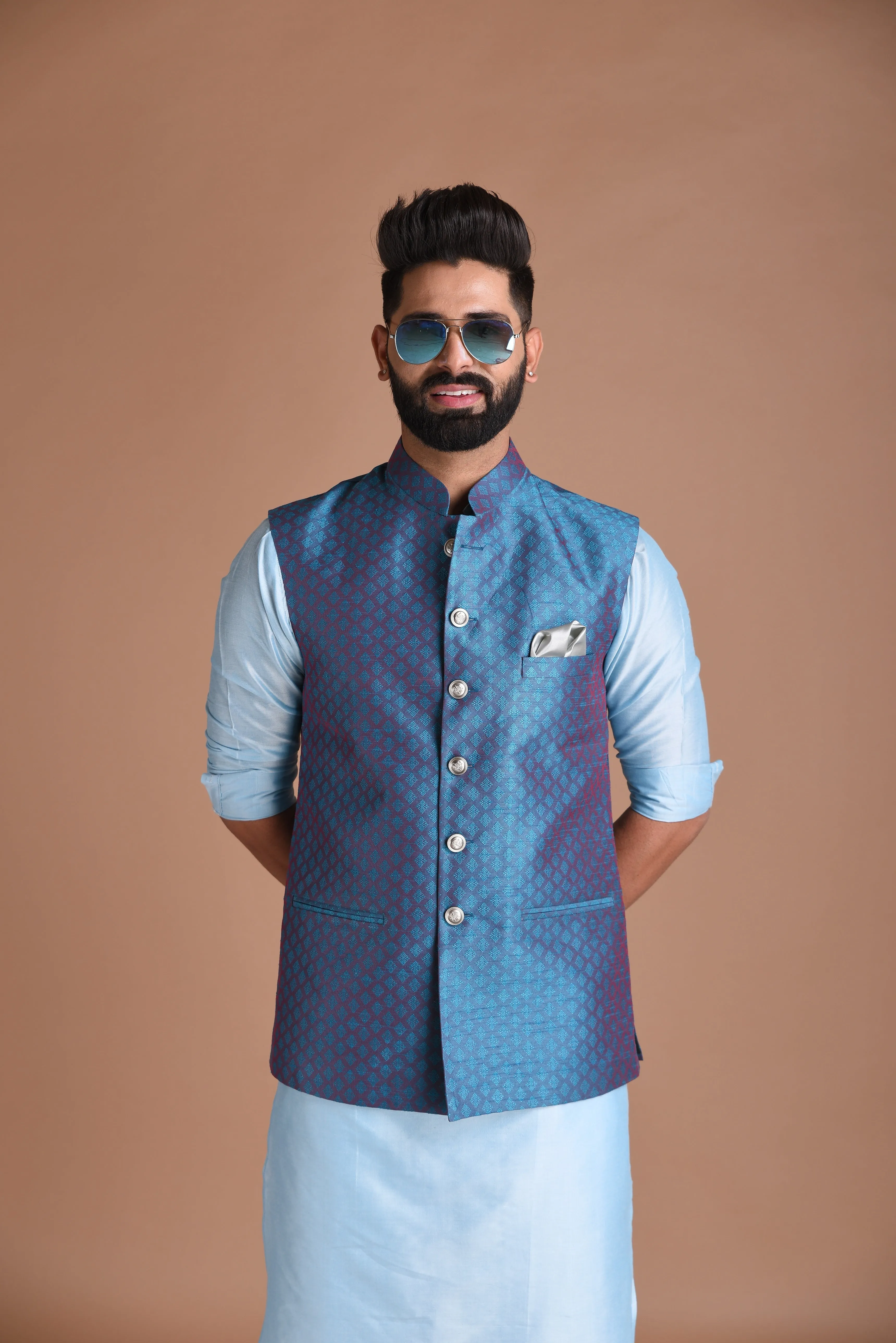 Self Designed Brocade Half Jodhpuri Designer Jacket With Silk Kurta Pajama Set | Wedding Functions Rakshabandhan Diwali Eid Open Lawn Party