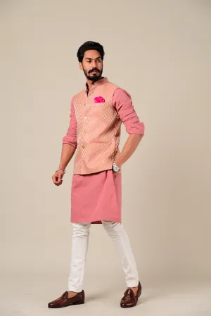 Stunning Ballet Pink Brocade Half Jodhpuri Jacket with Kurta-Pajama Set| Perfect for Wedding wear, Functional wear and Festive wear| Raksha Bandhan ,Diwali, Navratri|