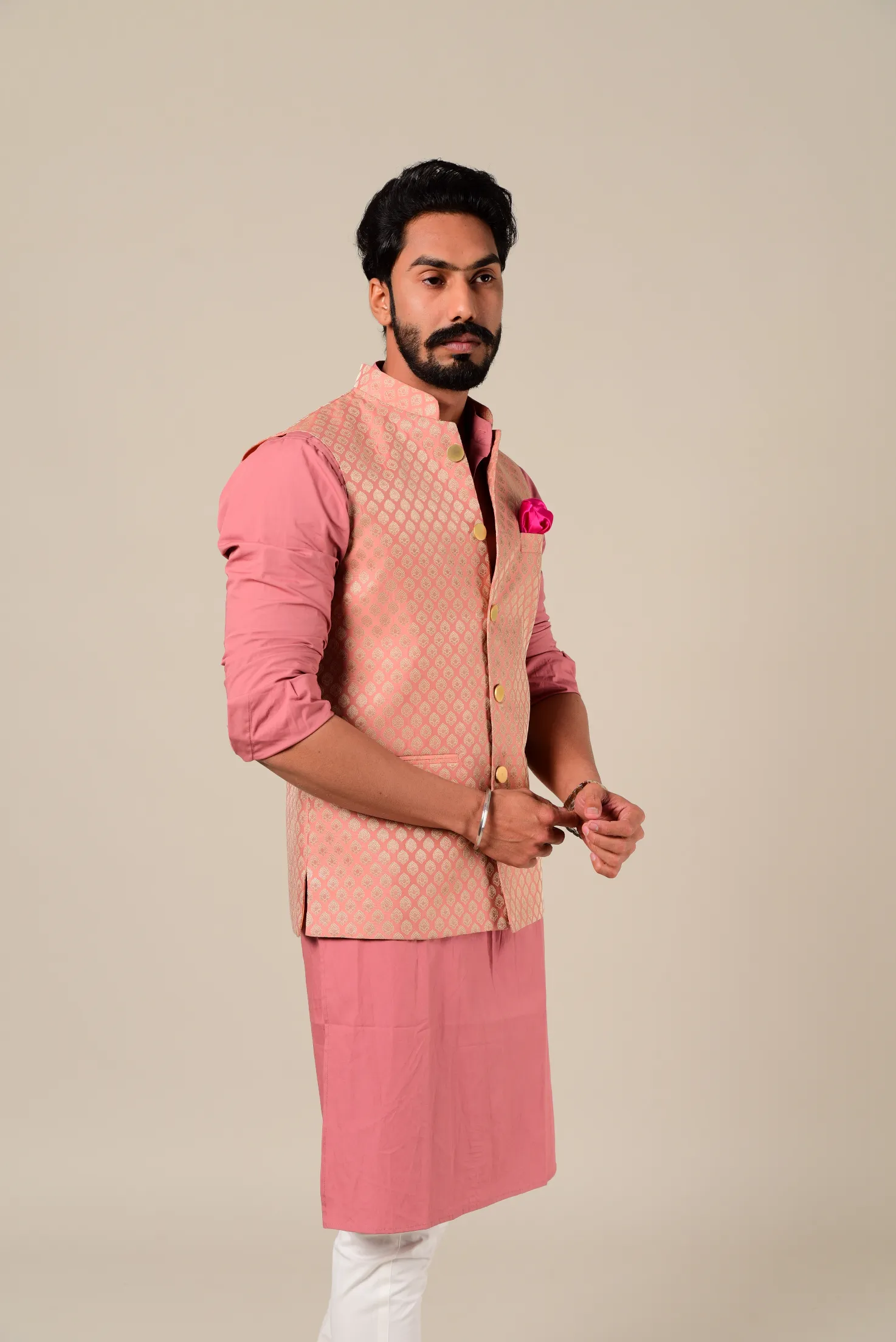 Stunning Ballet Pink Brocade Half Jodhpuri Jacket with Kurta-Pajama Set| Perfect for Wedding wear, Functional wear and Festive wear| Raksha Bandhan ,Diwali, Navratri|