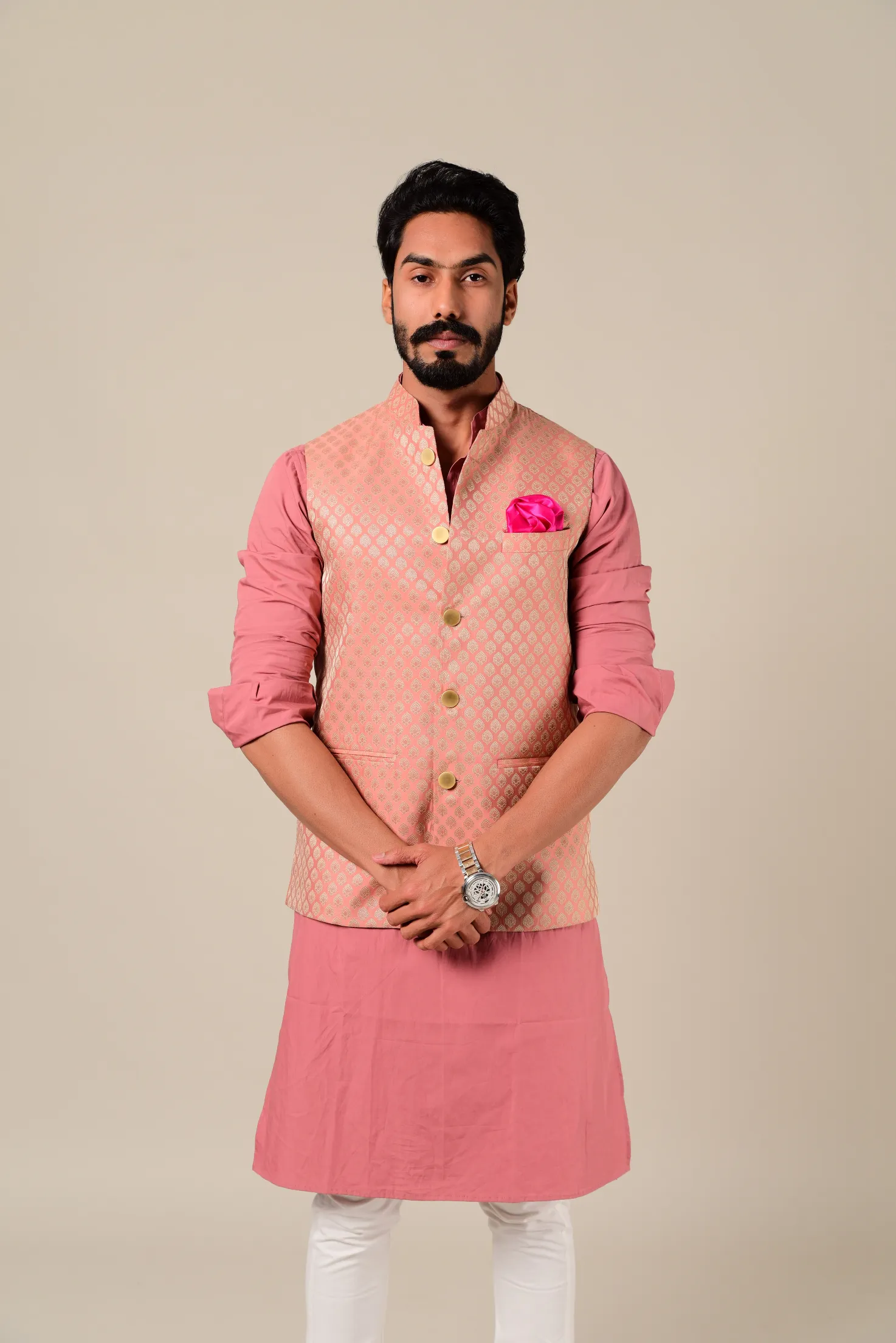 Stunning Ballet Pink Brocade Half Jodhpuri Jacket with Kurta-Pajama Set| Perfect for Wedding wear, Functional wear and Festive wear| Raksha Bandhan ,Diwali, Navratri|