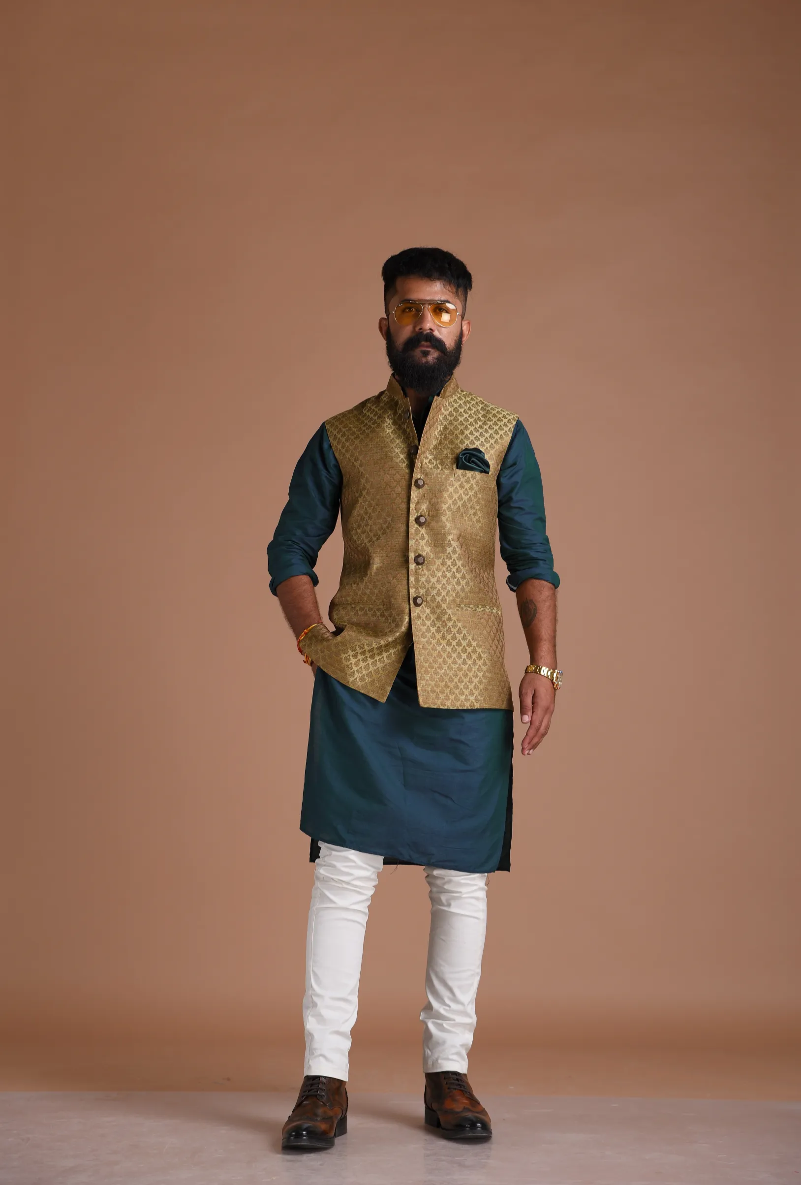 Stunning Dark Brown Leaf Pattern Brocade Nehru Jacket with Kurta Pajama Set | Best For Wedding Functions | Cocktail Parties |