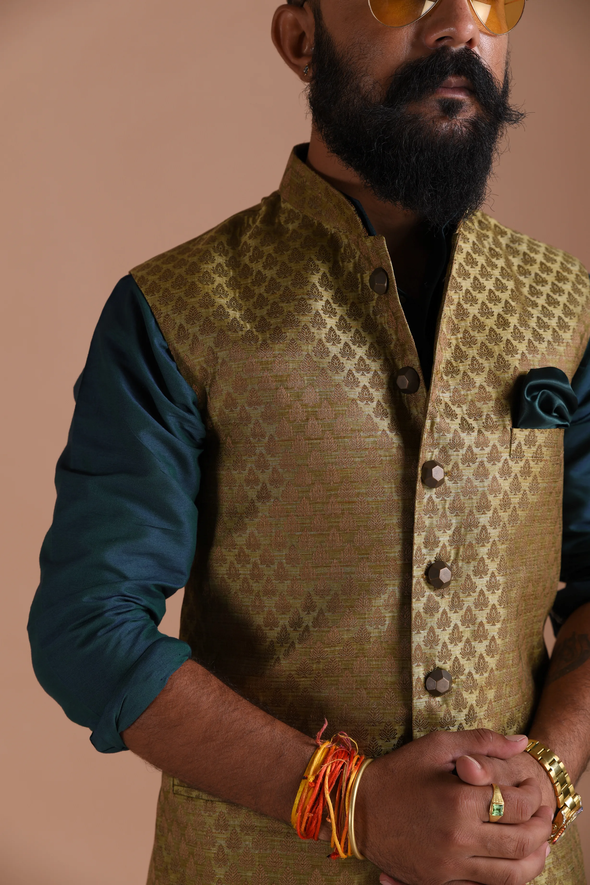 Stunning Dark Brown Leaf Pattern Brocade Nehru Jacket with Kurta Pajama Set | Best For Wedding Functions | Cocktail Parties |