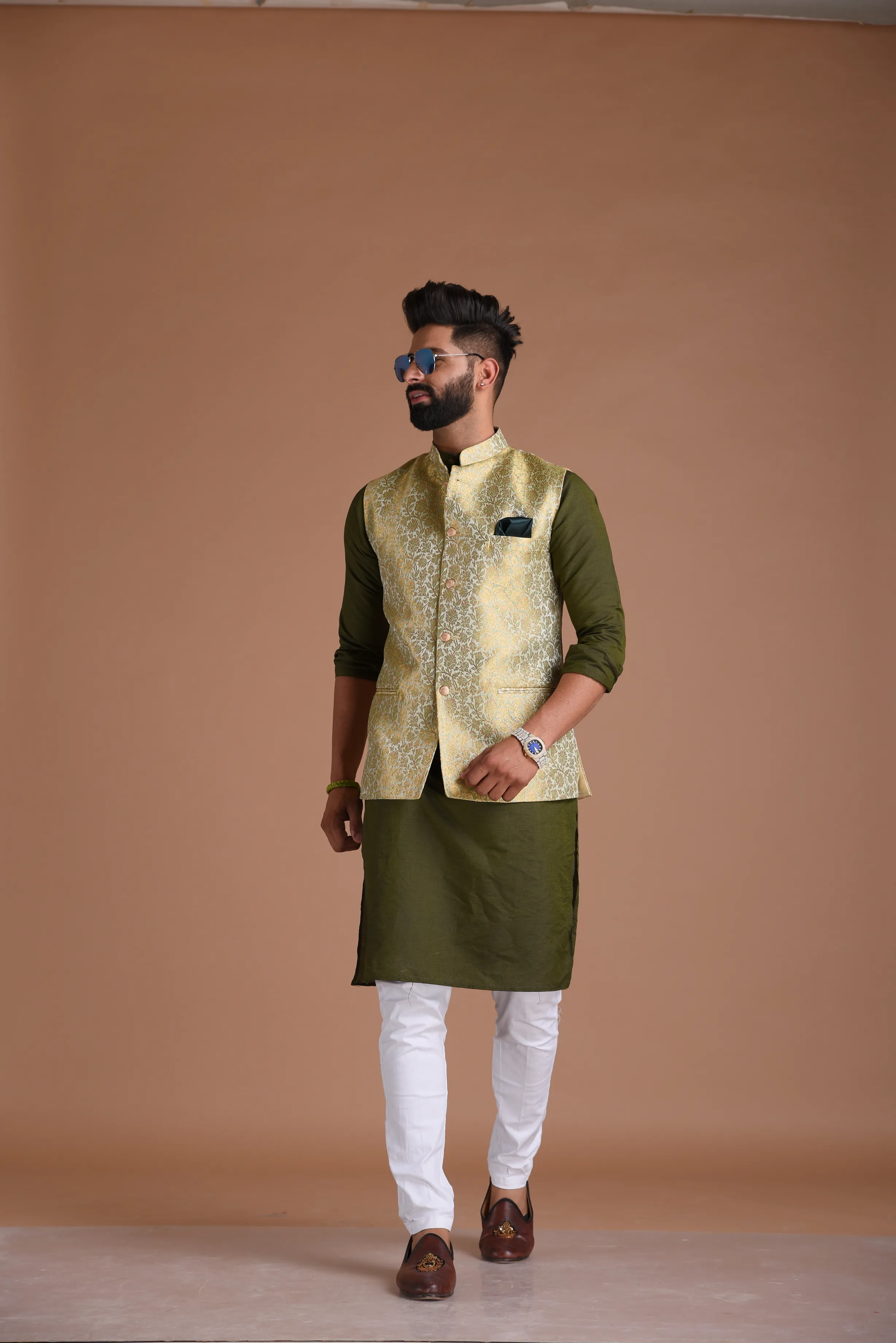 Stunning Golden-Green Banarasi Brocade Half Jodhpuri Jacket with silk pajama set| Best For Mehndi / Haldi Function | Free Personalisationta pajama set Best For Mehndi / Haldi Function | Free Personalisation