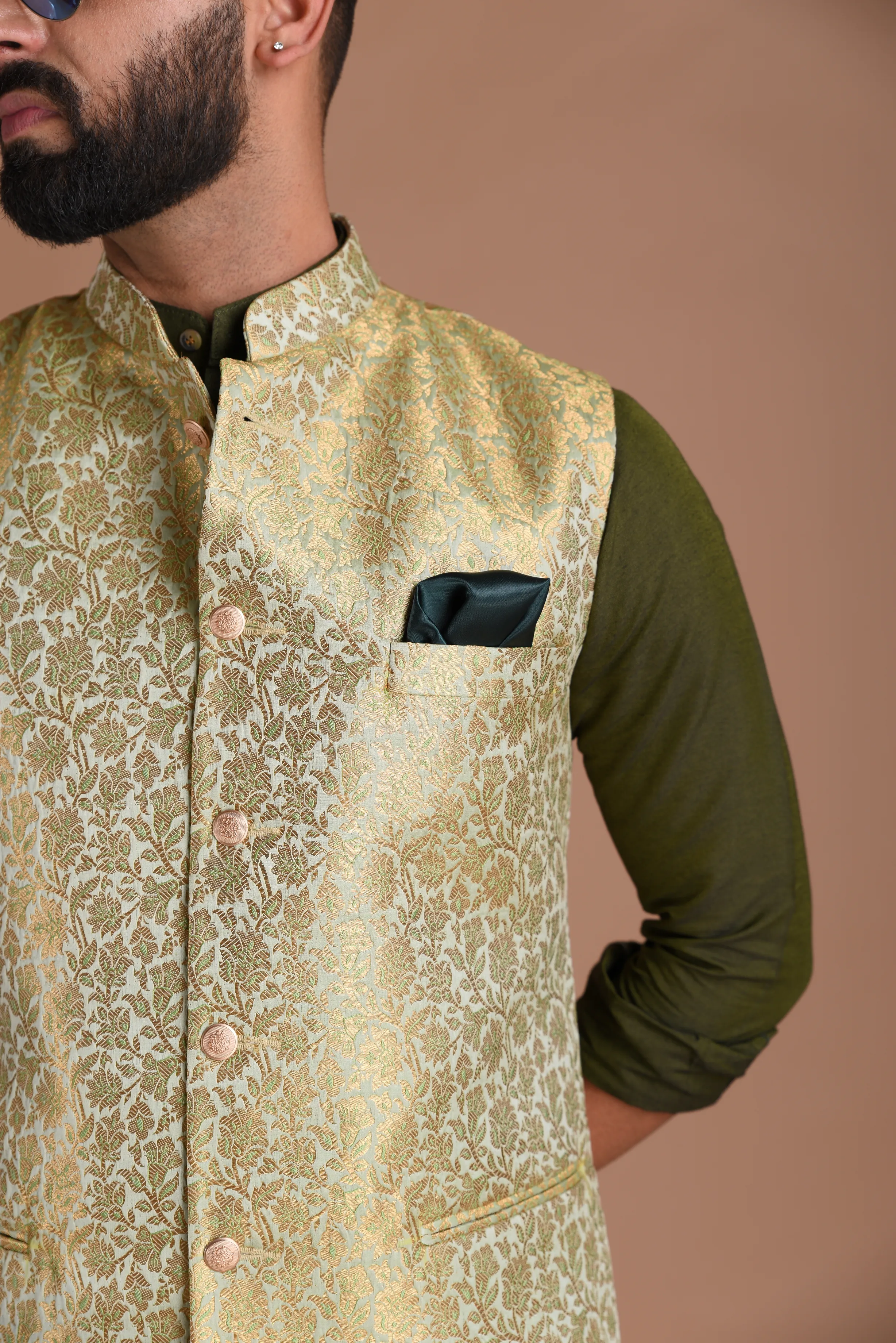 Stunning Golden-Green Banarasi Brocade Half Jodhpuri Jacket with silk pajama set| Best For Mehndi / Haldi Function | Free Personalisationta pajama set Best For Mehndi / Haldi Function | Free Personalisation