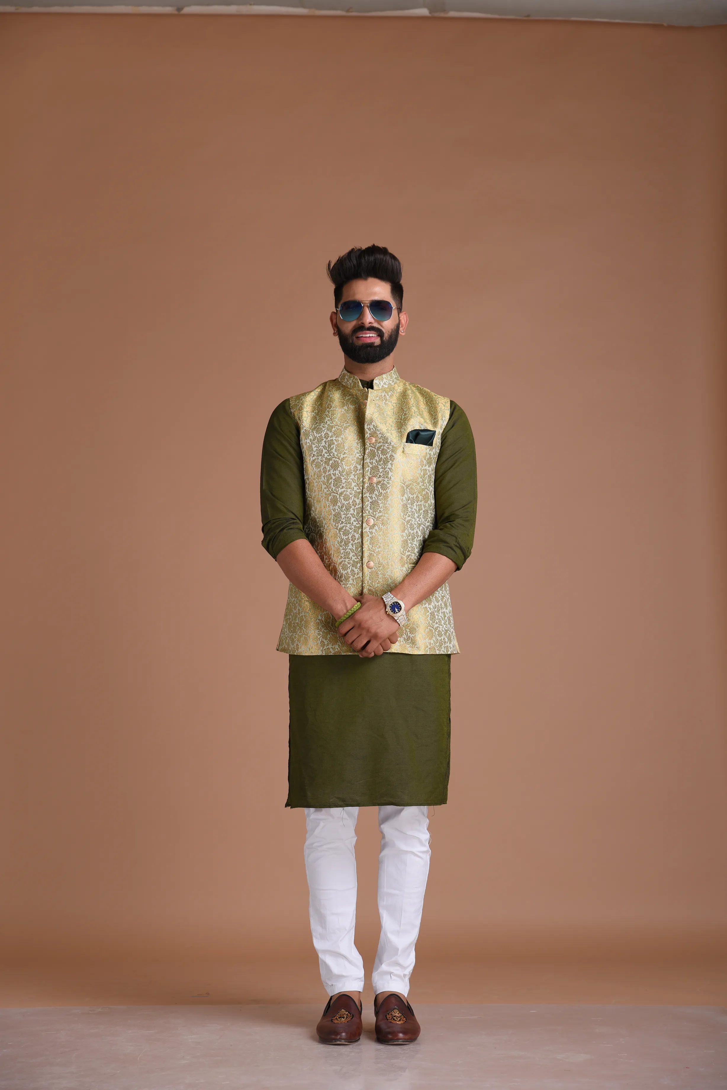 Stunning Golden-Green Banarasi Brocade Half Jodhpuri Jacket with silk pajama set| Best For Mehndi / Haldi Function | Free Personalisationta pajama set Best For Mehndi / Haldi Function | Free Personalisation