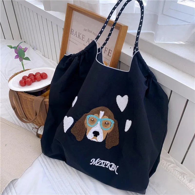 Summer Fashion Women's Embroidery Bag Versatile Large Capacity Tote Nylon Crossbody Foldable Portable Shopping Bag Shoulder Bag