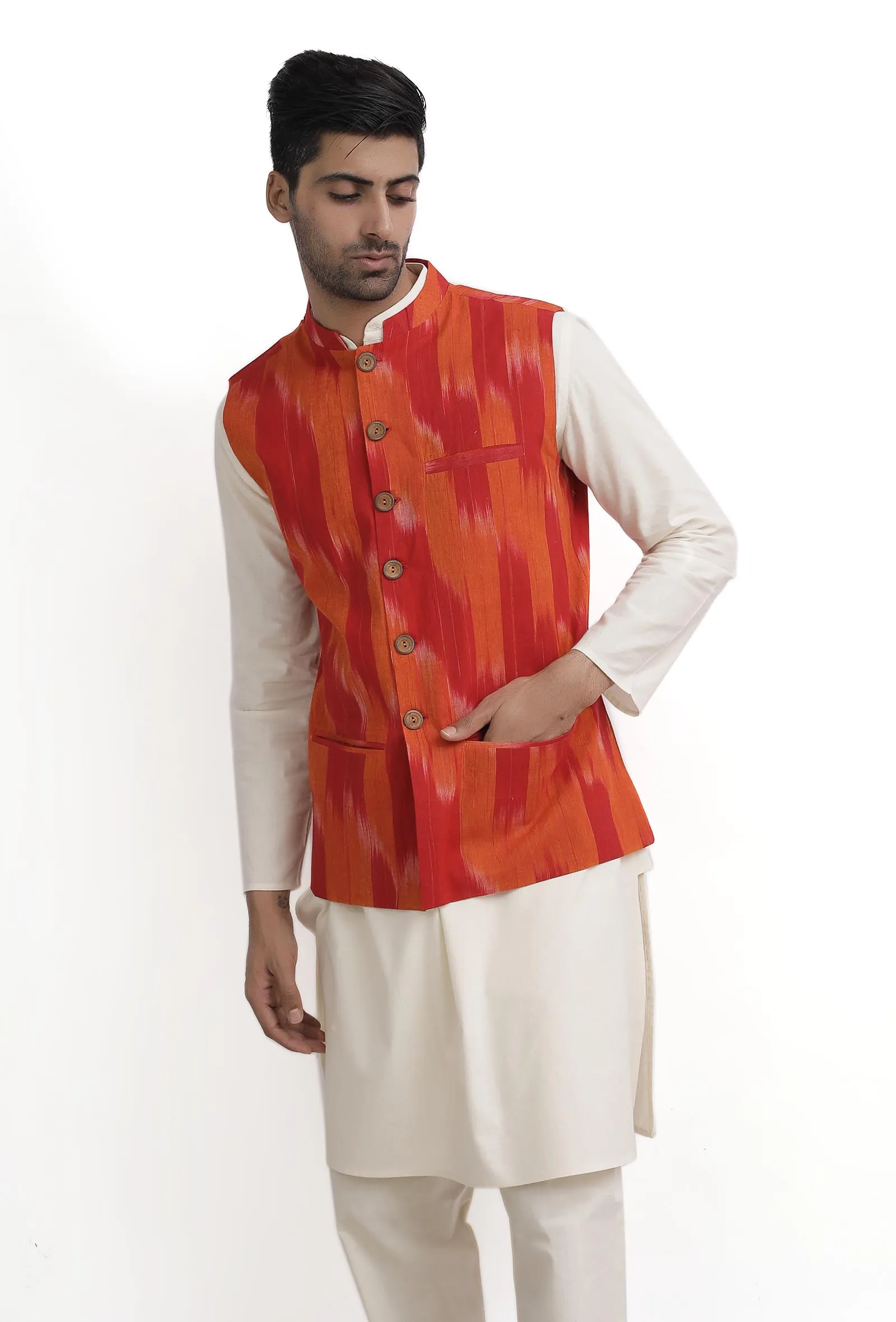 Tangerine Orange Ikat Nehru Jacket