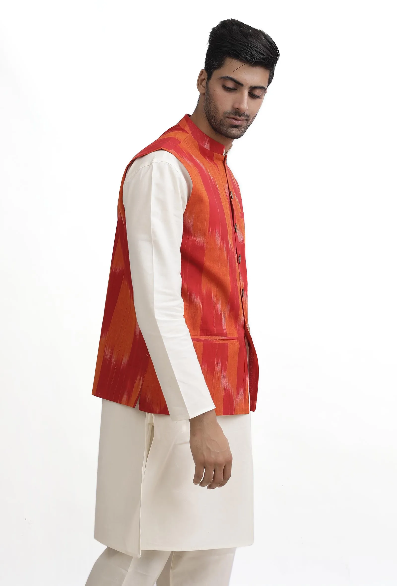 Tangerine Orange Ikat Nehru Jacket