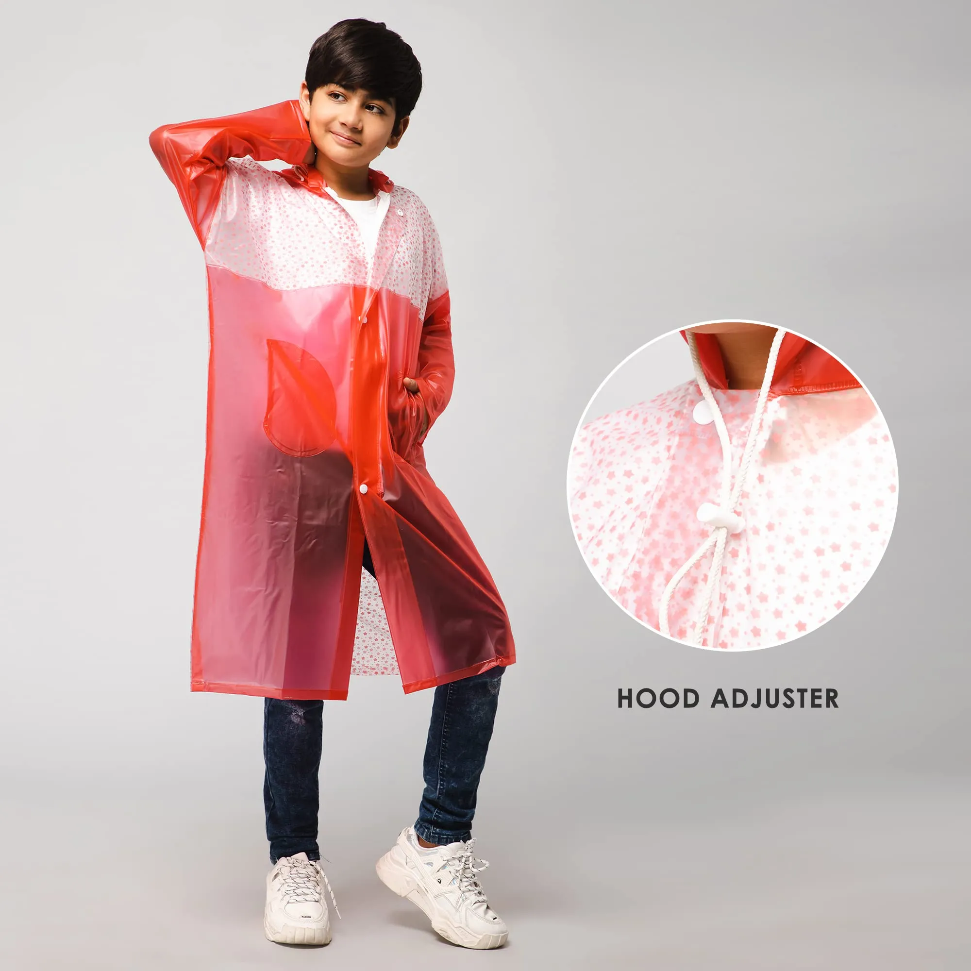 THE CLOWNFISH Drip Dude Series Unisex Kids Waterproof Single Layer PVC Longcoat/Raincoat with Adjustable Hood. Age-3-4 Years (Rose Red)