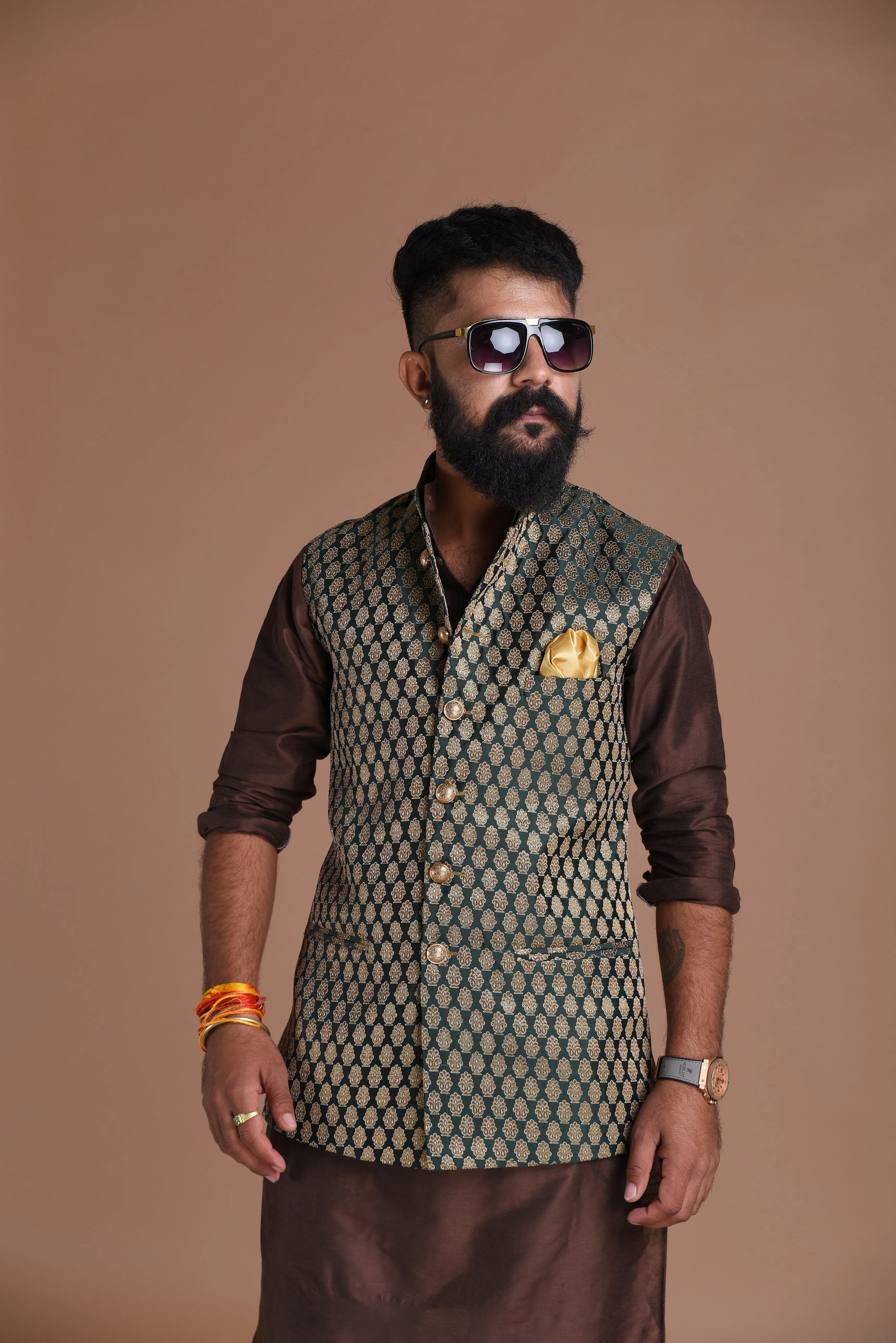 Traditional Dark Green Booti Pattern Banarasi Brocade Nehru Jacket with Silk Kurta Pajama Set | Free Personalisation Handmade | Wedding Functions