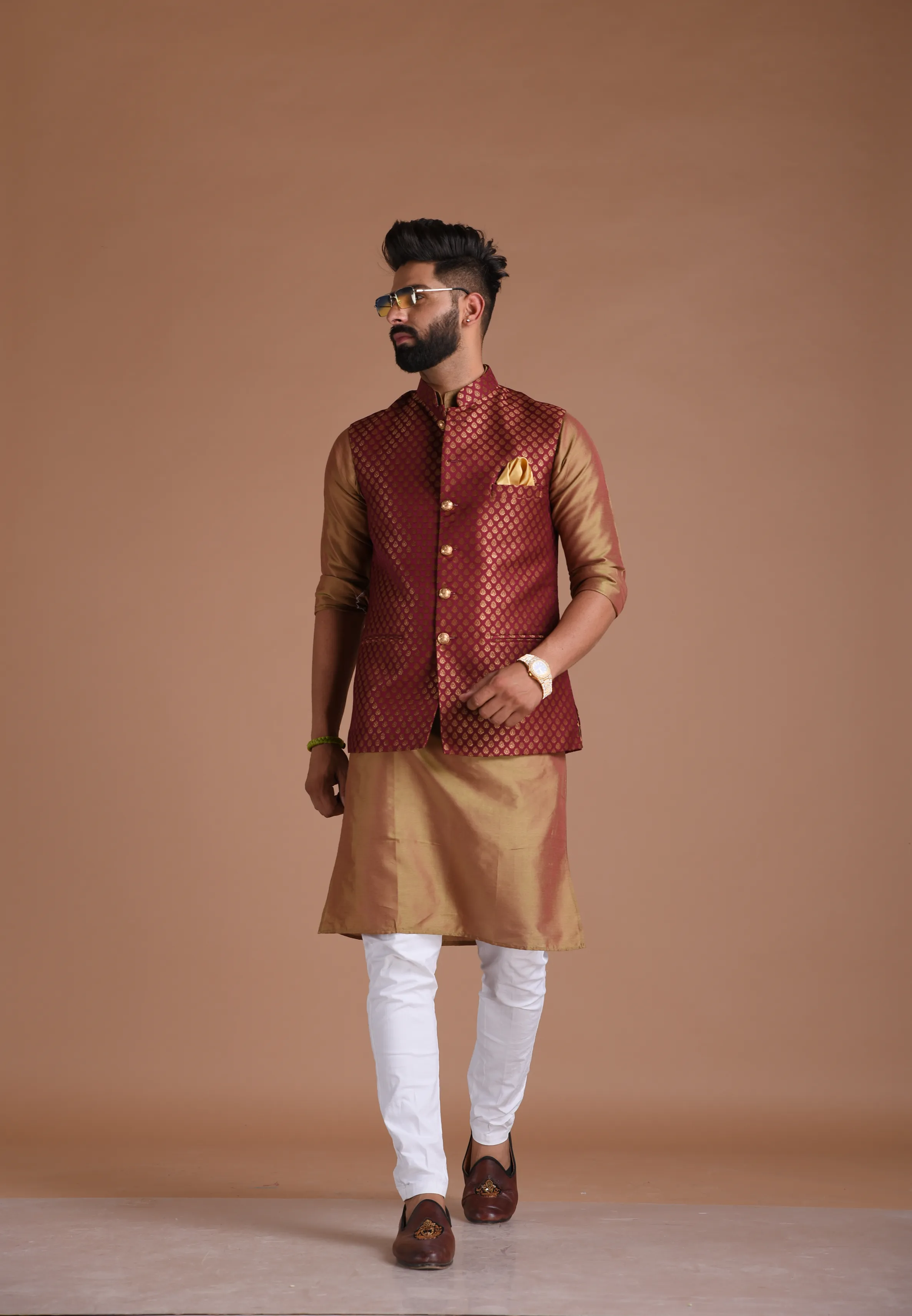 Traditional Wine Booty Pattern Banarasi Silk Nehru Half Jacket with Kurta Pajama Set | Wedding Functions Raksha Bandhan Diwali Eid Open Lawn Party