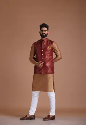 Traditional Wine Booty Pattern Banarasi Silk Nehru Half Jacket with Kurta Pajama Set | Wedding Functions Raksha Bandhan Diwali Eid Open Lawn Party