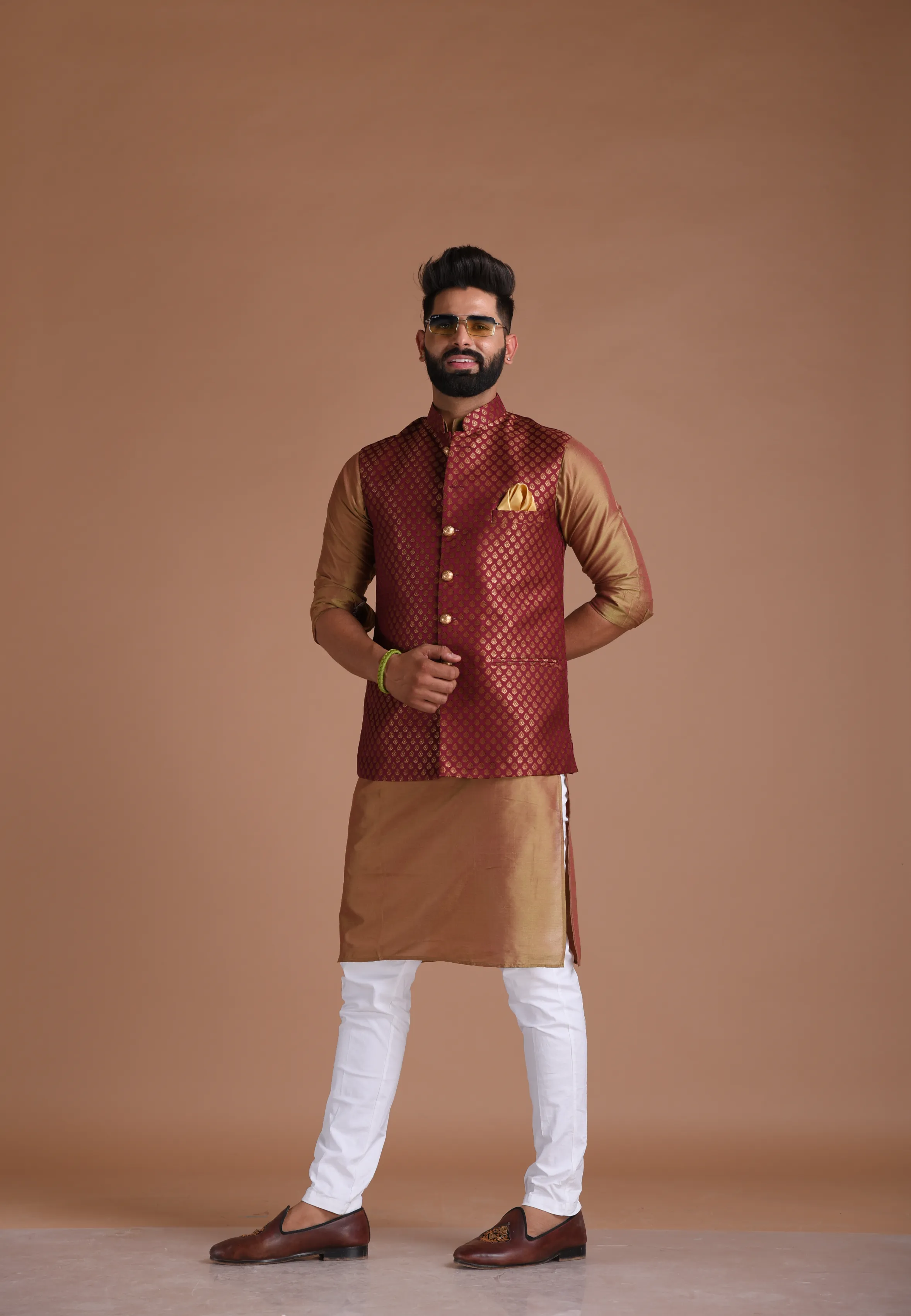 Traditional Wine Booty Pattern Banarasi Silk Nehru Half Jacket with Kurta Pajama Set | Wedding Functions Raksha Bandhan Diwali Eid Open Lawn Party