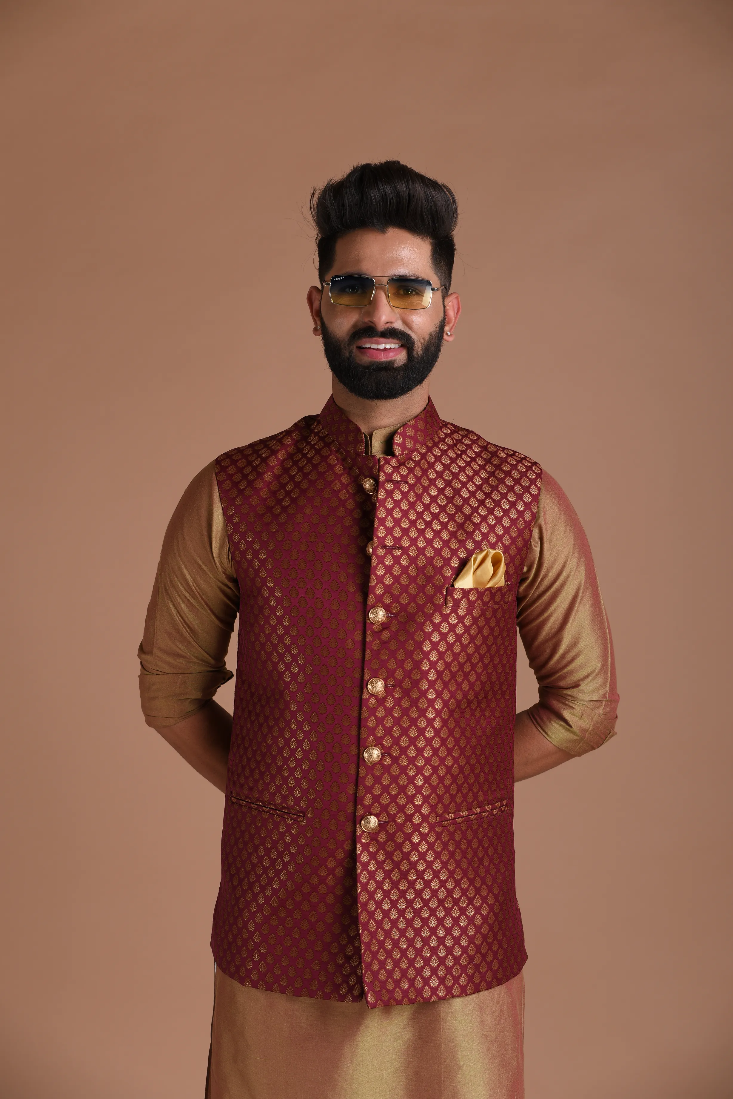 Traditional Wine Booty Pattern Banarasi Silk Nehru Half Jacket with Kurta Pajama Set | Wedding Functions Raksha Bandhan Diwali Eid Open Lawn Party