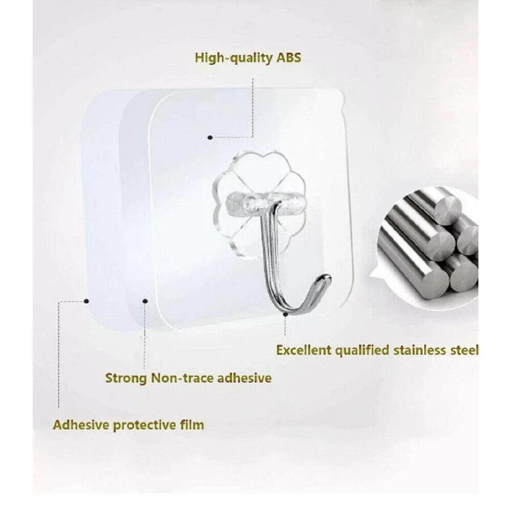 Wall Hooks Self-Adhesive Clear Base Heavy Duty Sticky Hook Hangers 50ct