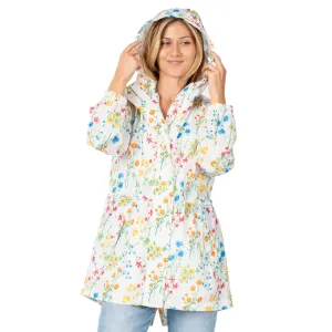 White Floral Hooded Drawstring Raincoat